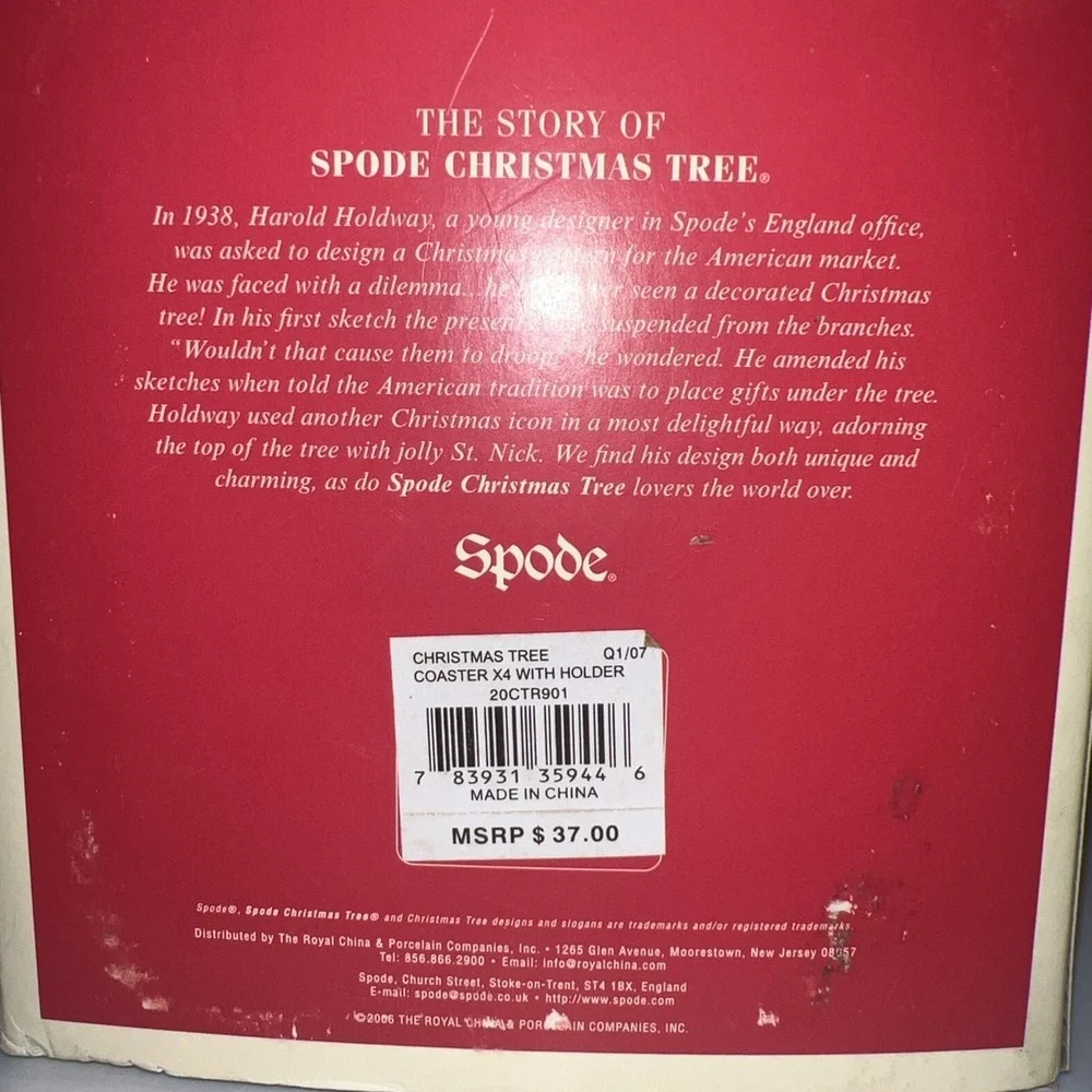 Vintage 2006 Spode Porcelain Christmas Tree Coaster Holder‎ and Four Coasters